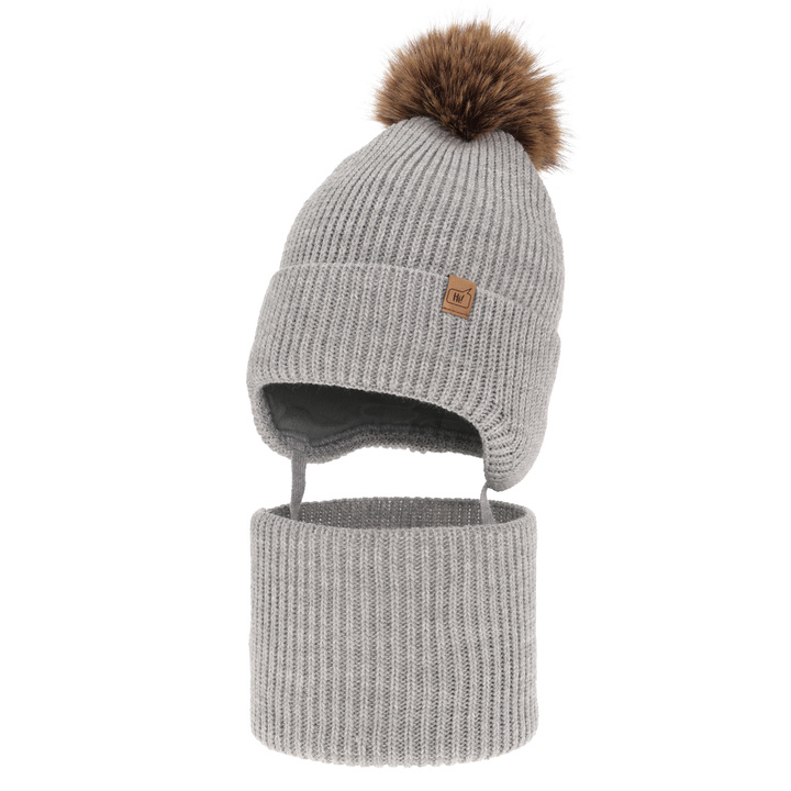 Boy's winter set: hat and tube scarf grey Zico with pompom