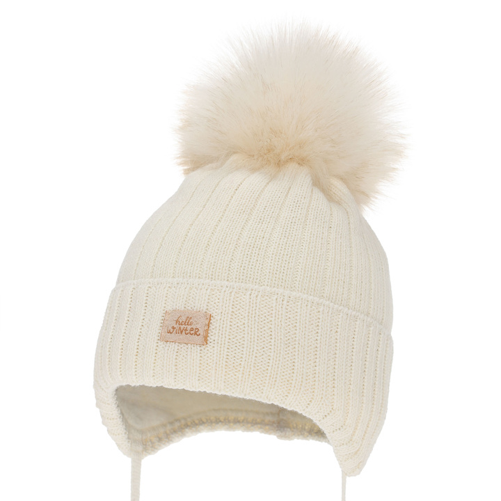 Girl's winter hat, cream, with ears, with merino wool, Basma