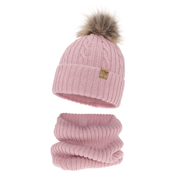 Girl's winter set: hat and tube scarf pink merino wool Aprilia