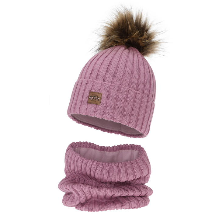 Girl's winter set: hat and tube scarf, pink, cotton lining, with merino wool, Bellina