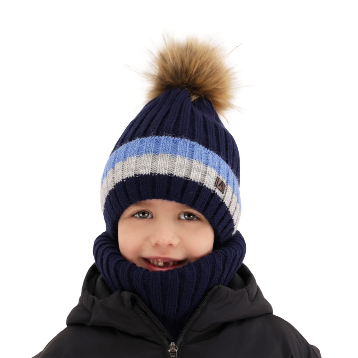 Boy's winter set: hat and tube scarf navy blue with pompom Beno
