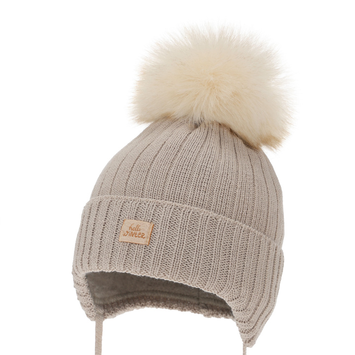 Girl's winter hat, beige, with ears, with merino wool, Basma