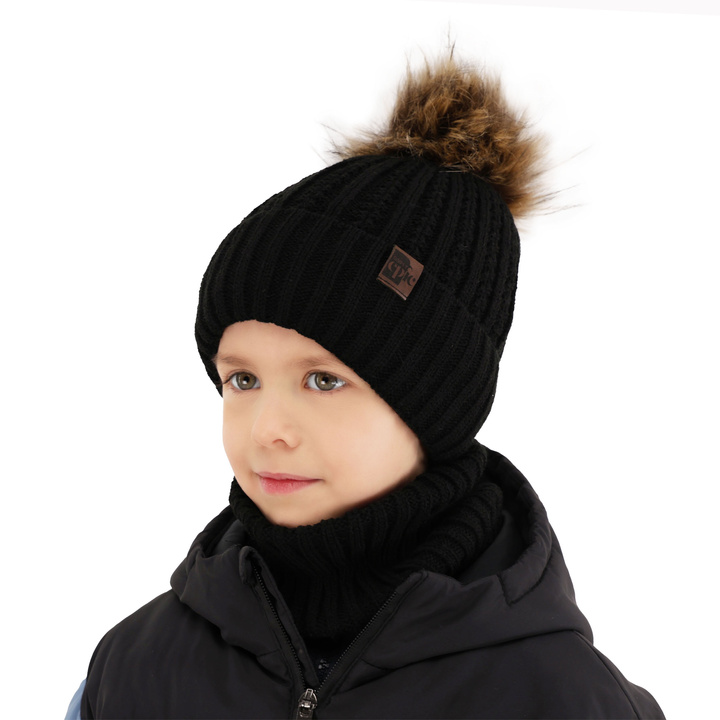 Boy's winter set: hat and tube scarf black with pompom Lars