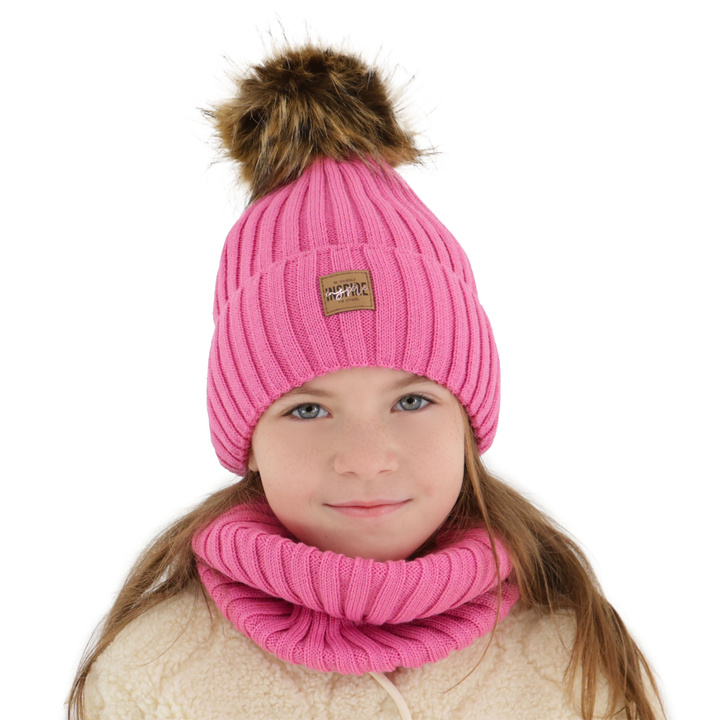 Girl's winter set: hat and tube scarf, pink, fleece lining, with merino wool, Bellina