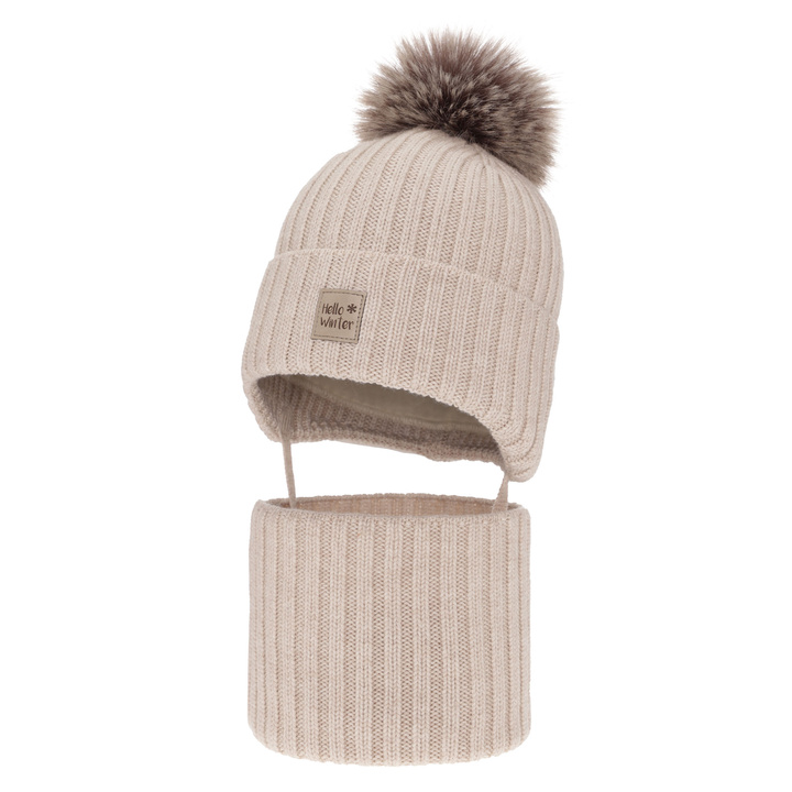 Boy's winter set: hat and tube scarf, beige, 100% extra fine merino wooll, lined with wool fleece Morti