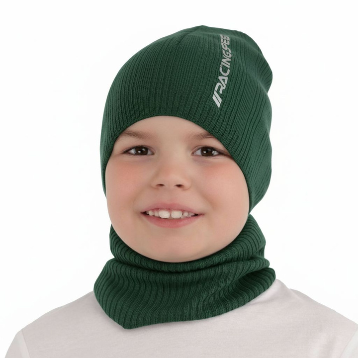 Children's autumn/ spring set: hat and tube scarf, with cotton, green Kolorado