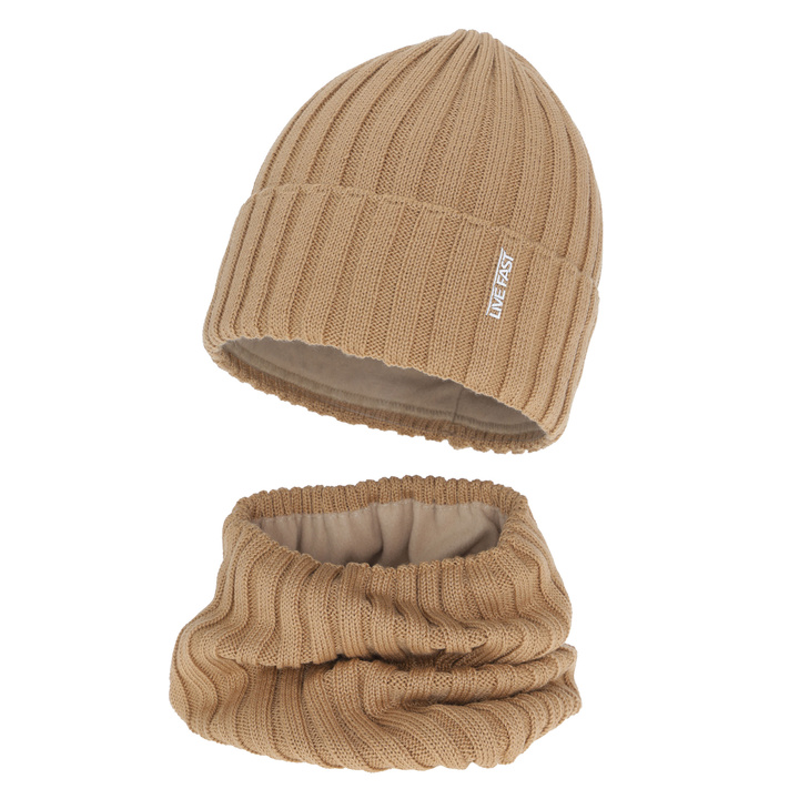 Boy's winter set: hat and tube scarf, camel, with merino wool, fleece lining, Banasko