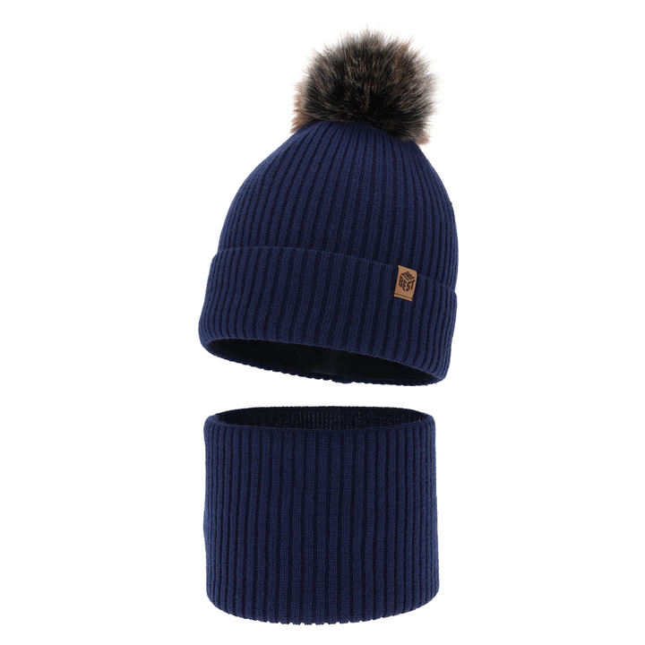Boy's winter set: hat and tube scarf navy blue with pompom Wizar