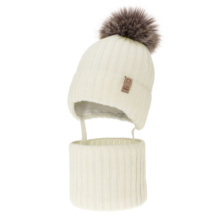 Girl's winter set: hat and tube scarf, ecru, with pompom Abigail