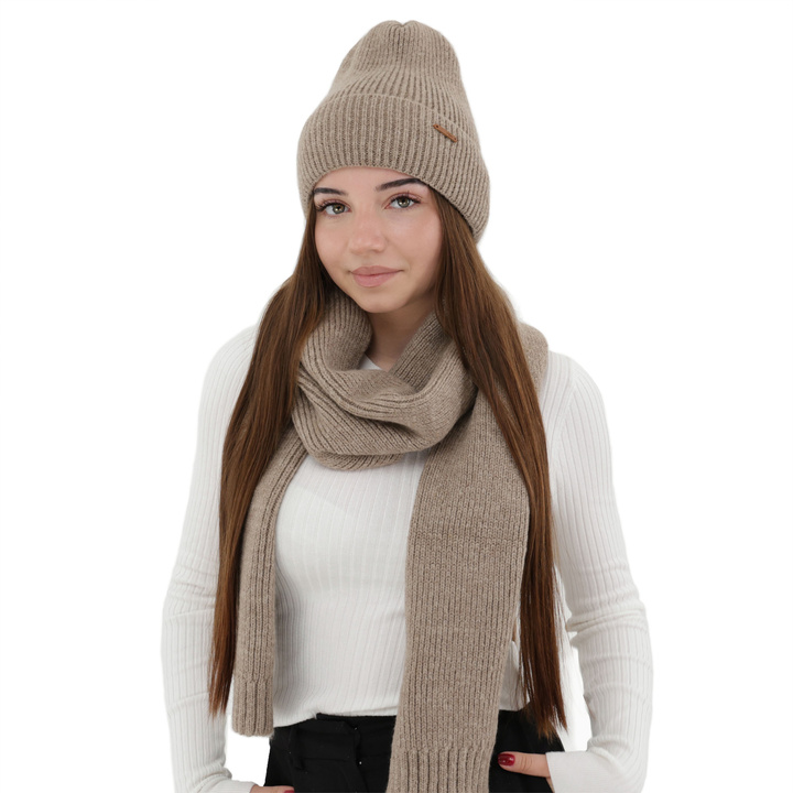 Woman's winter set: hat and scarf, dark beige, with merino wool, Seala