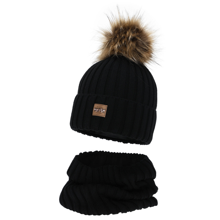 Girl's winter set: hat and tube scarf, black, fleece lining, with merino wool, Bellina