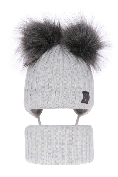 Girl's winter set: hat and tube scarf grey Telisa with two pompom