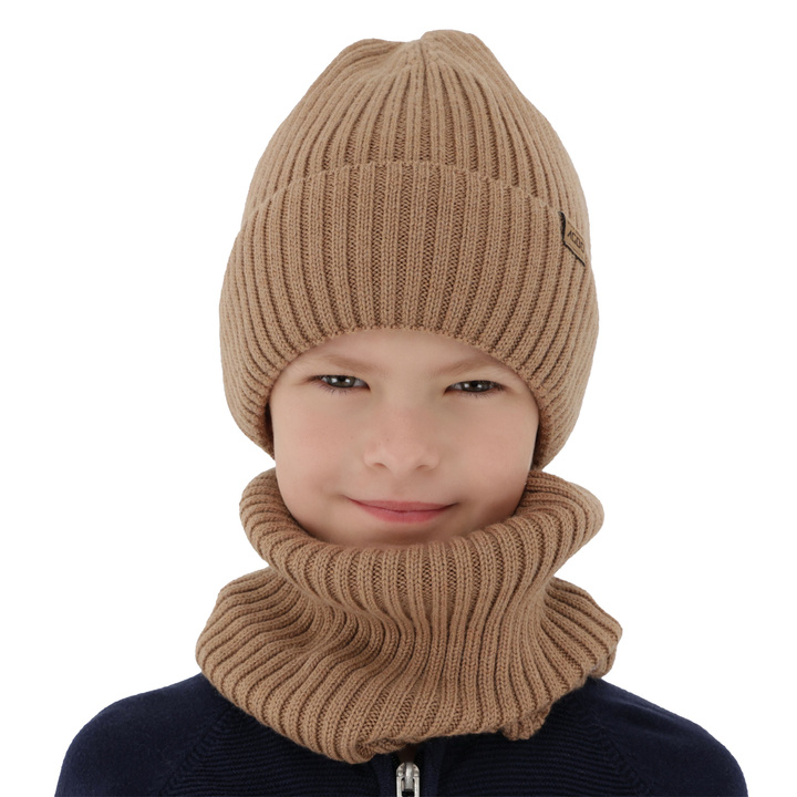 Hat and tube scarf for boy, winter set, 100% merino wool, with merino wool lining, camel, Domin
