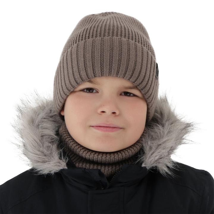 Boy's hat and tube scarf, winter set, 100% merino wool, with merino wool lining, brown Harbin