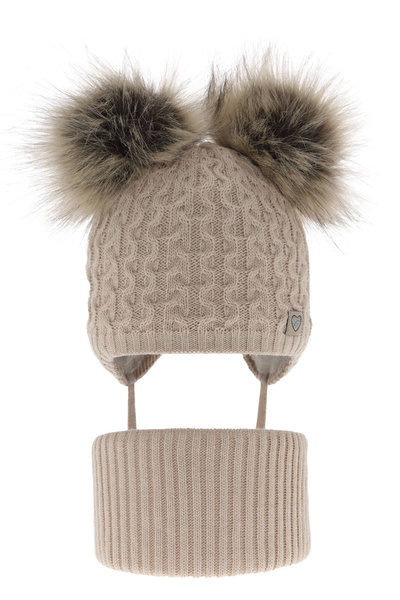 Girl's winter set: hat and tube scarf beige with two pompoms Poliana