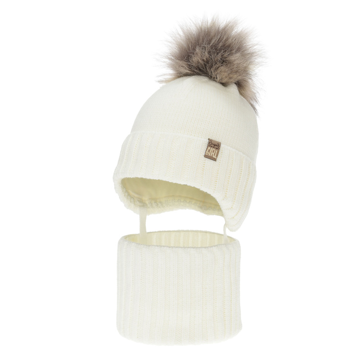 Girl's winter set: hat and tube scarf, cream, with pompom, Primula