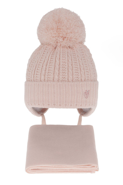 Girl's winter set: hat and scarf pink with pompom Marisa