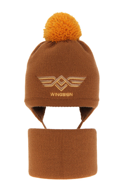 Boy's winter set: hat and tube scarf brown Wings with pompom