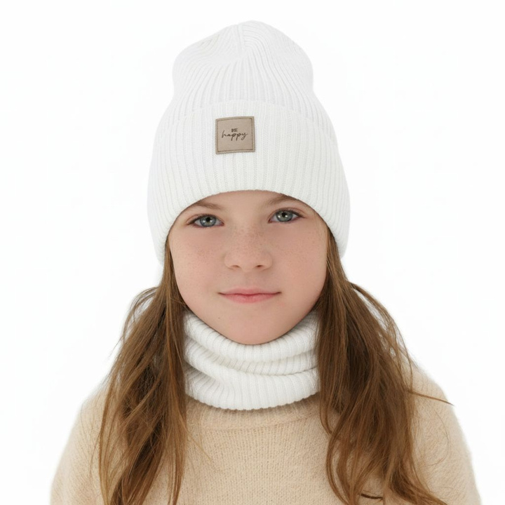 Girl spring, autumn set: hat and tube scarf, white, 100% merino wool, Vanita