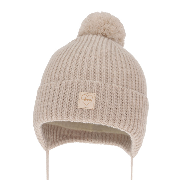 Girls' winter hat beige 100% extra fine merino wool, lined with wool fleece Havana