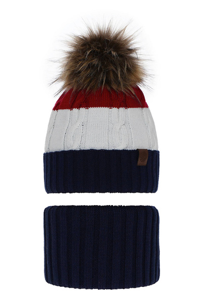 Boy's winter set: hat and tube scarf navy blue Karmel with pompom