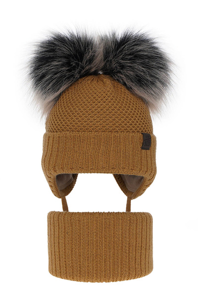 Boy's winter set: hat and tube scarf camel Randel with two pompom