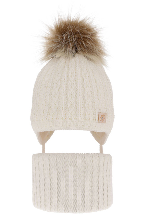 Girl's winter set: hat and tube scarf ecru with pompom Passa