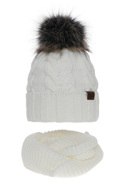 Girl's winter set: hat and tube scarf white Torina with pompom