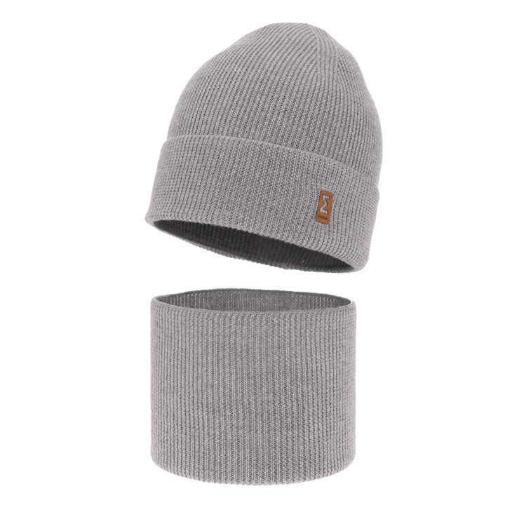 Boy's spring/ autumn set: hat and tube scarf grey 100% extra fine merino wool Bruce