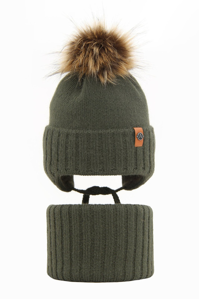 Boy's winter set: hat and tube scarf khaki Dominik with pompom