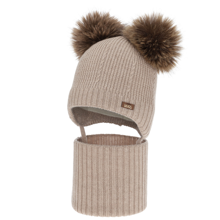 Boy's hat and snood, winter set, beige, 100% merino wool, lined with wool fleece, Lumio