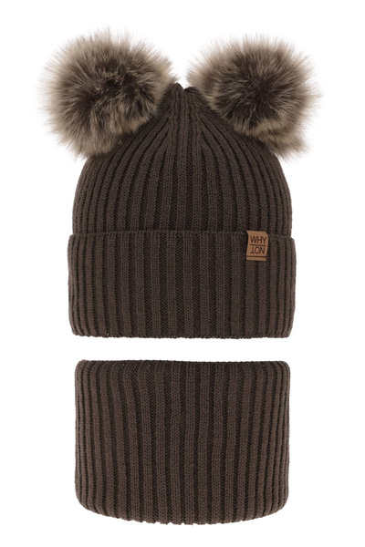 Boy's winter set: hat and tube scarf brown with two pompoms Oxford