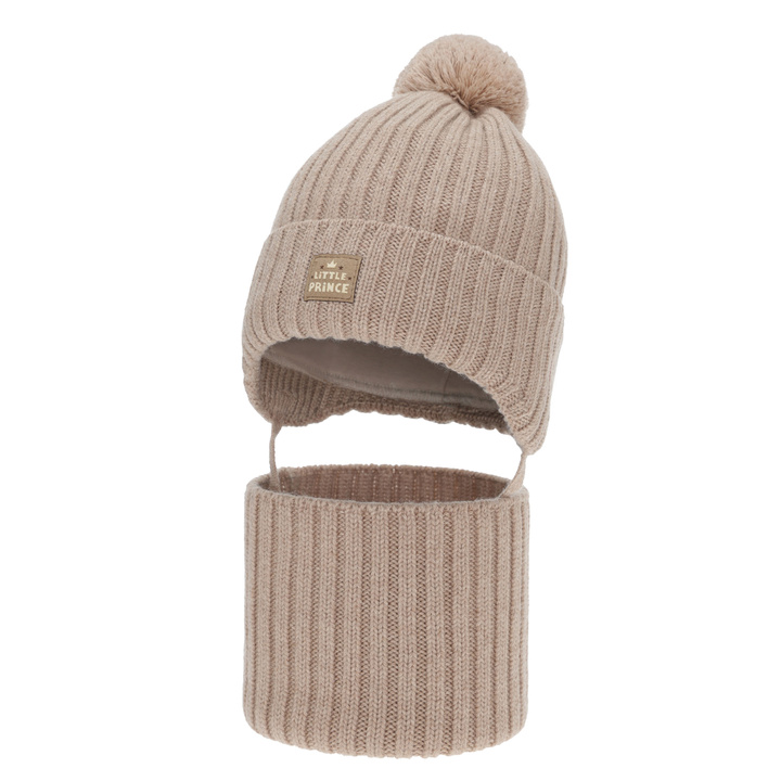 Boy's winter set: hat and tube scarf, beige, 100% merino wool, cotton lining, with ears, Masil