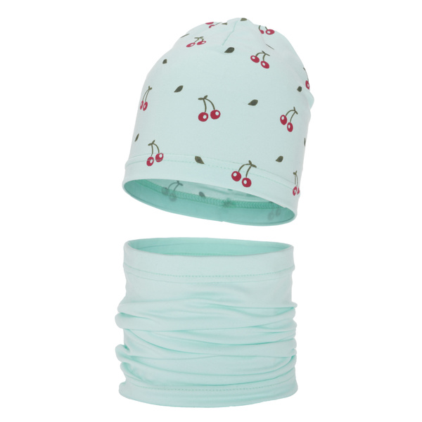 Girl's spring/ autumn cotton set: hat and tube scarf mint Cerise