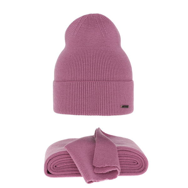 Women's spring and winter set: hat and scarf pink 100% extra fine merino wool Melpomena