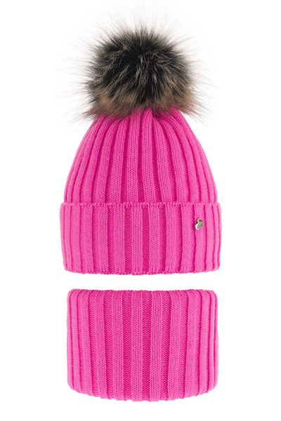 Girl's winter set: hat and tube scarf pink Wilma with pompom