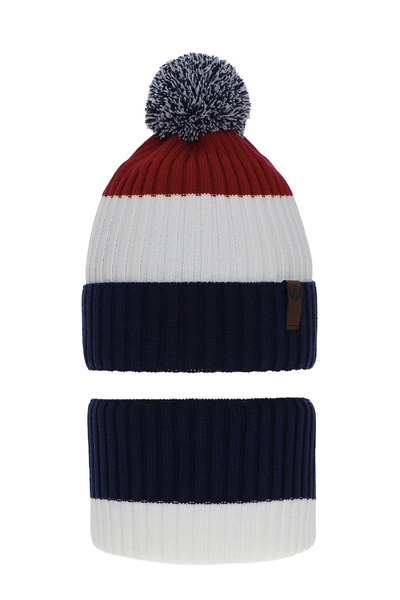 Boy's winter set: hat and tube scarf navy blue Karson with pompom