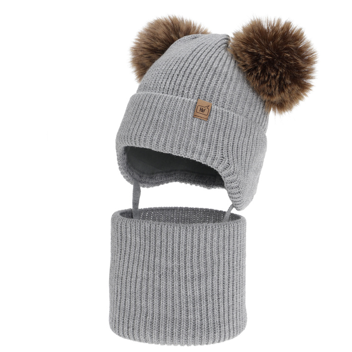 Boy's winter set: hat and tube scarf, light grey, with two pompom, Zorven