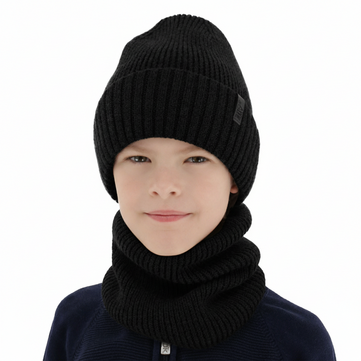 Boy's hat and tube scarf, winter set, 100% merino wool, with merino wool lining, black Harbin
