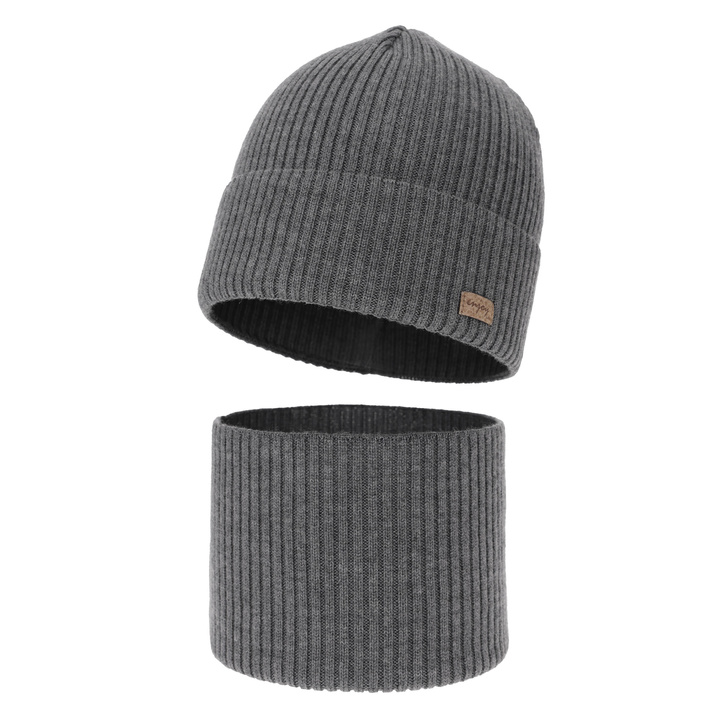 Boy's spring/ autumn set: hat and tube scarf grey 100% extra finemerino wool Intro