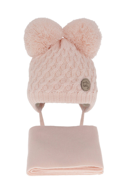 Girls winter set hat and scarf pink with two pompoms Anava