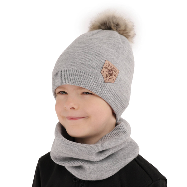 Boy's winter set: hat and tube scarf red Apolin with pompom
