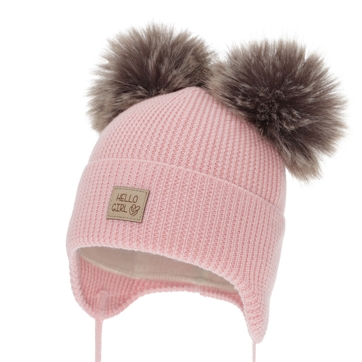 Girl's winter hat, pink, 100% merino wool, wool fleece lining, with ears, Trudina