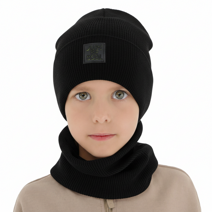 Boy's spring, autumn set: hat and tube scarf, with cotton, gray, Jonas