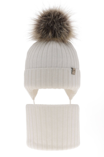 Girl's winter set: hat and tube scarf white made of 100% extra fine merino wool Junika