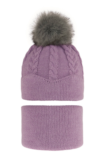 Girl's winter set: hat and tube scarf violet Etula with pompom