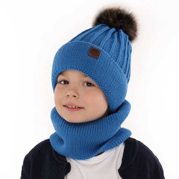 Boy's winter set: hat and tube scarf blue Havier with pompom