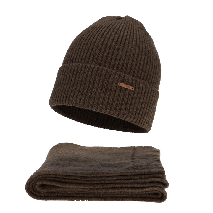 Woman's winter set: hat and scarf, brown, with merino wool, Seala