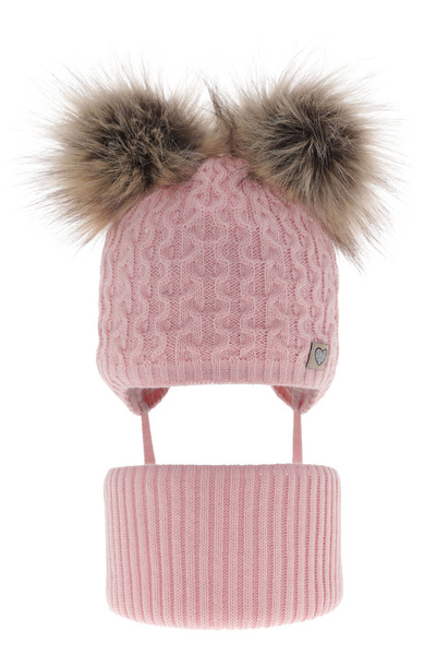 Girl's winter set: hat and tube scarf pink with two pompoms Poliana