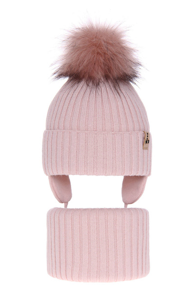 Girl's winter set: hat and tube scarf pink Preria with pompom